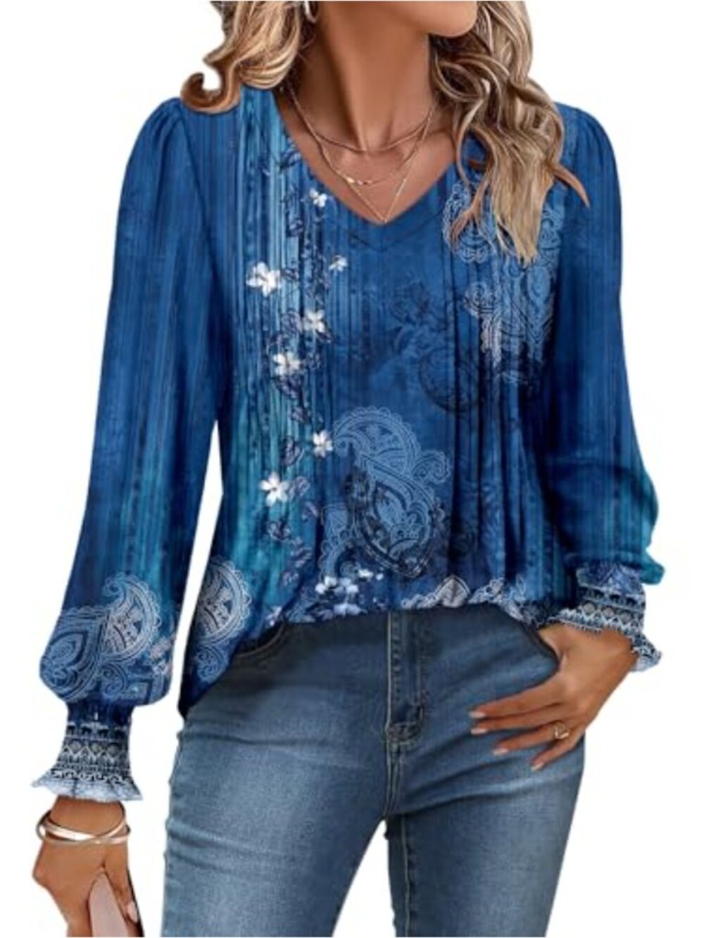 Womens V Neck Puff Long Sleeve Pleated Tunic Top Flowy Blouse